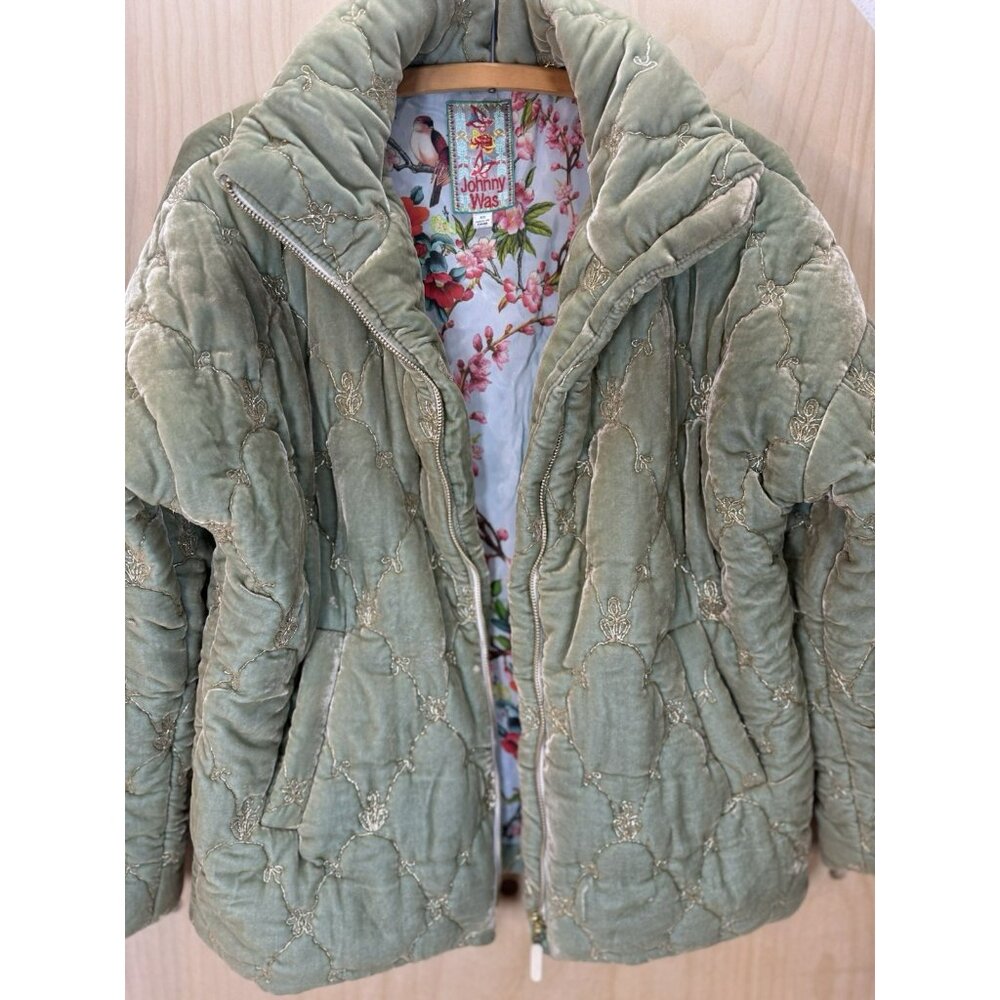 EUC Johnny Was Zaelia Lux Quilted Velvet Puffer Mint Green Coat Gold Trim XS/S - Picture 13 of 16